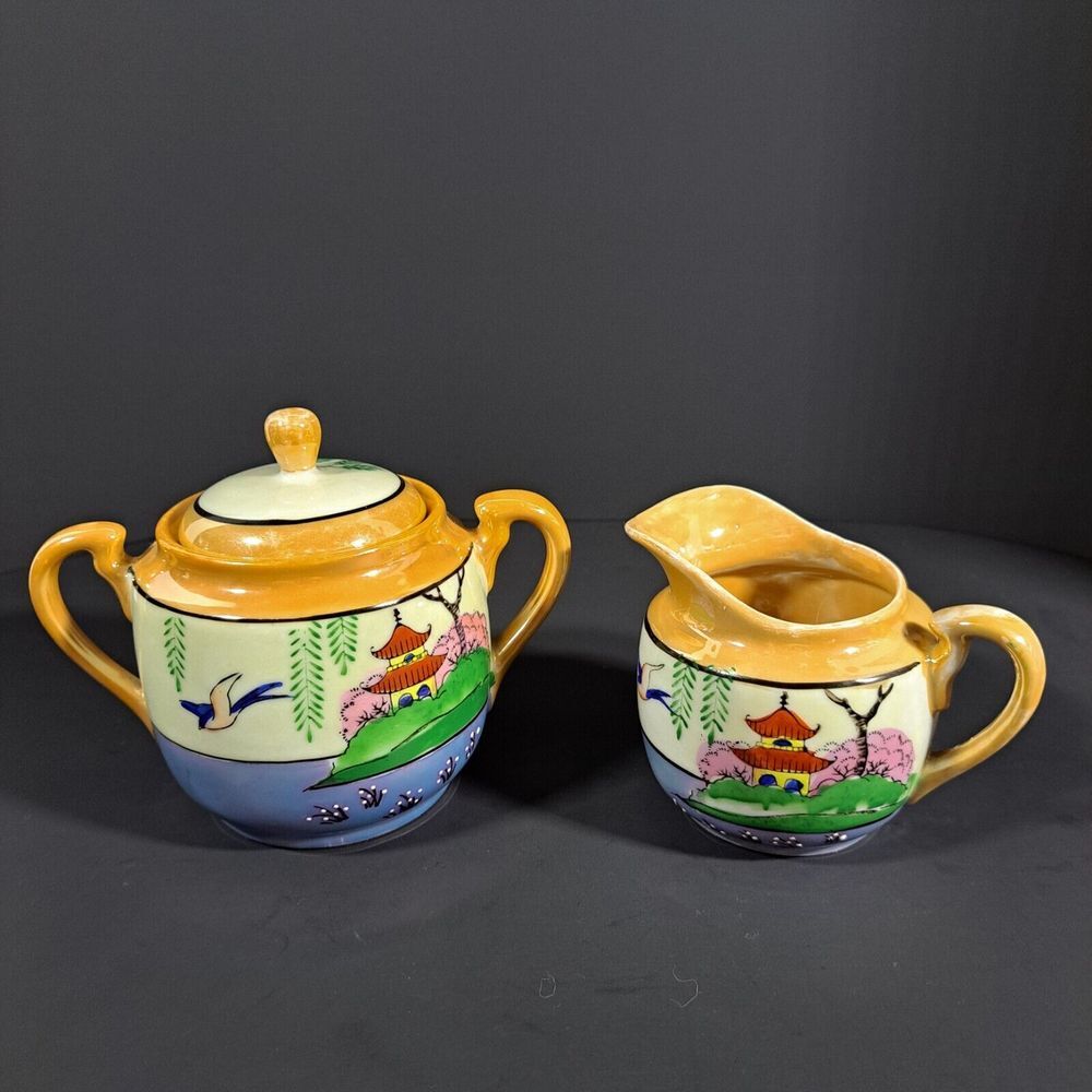 Noritake Lusterware Pagoda Porcelain Cream & Sugar Japan